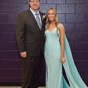 Sherri Hill Light Blue Beaded Prom Dress with Cape